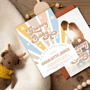 Groovy Baby Pink Retro Daisies Photo Baby Shower Invitation