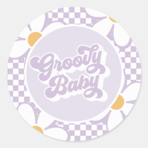 Groovy Baby Purple Daisy Checker Classic Round Sticker