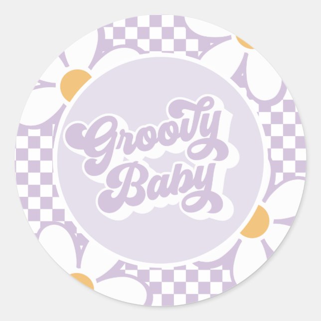 Groovy Baby Purple Daisy Checker Classic Round Sticker (Front)