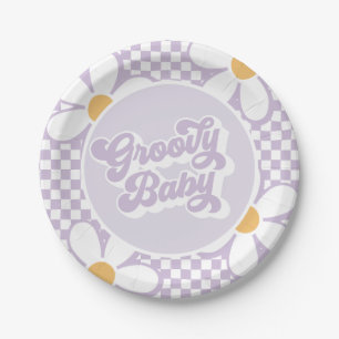 Groovy Baby Purple Daisy Checker Paper Plates
