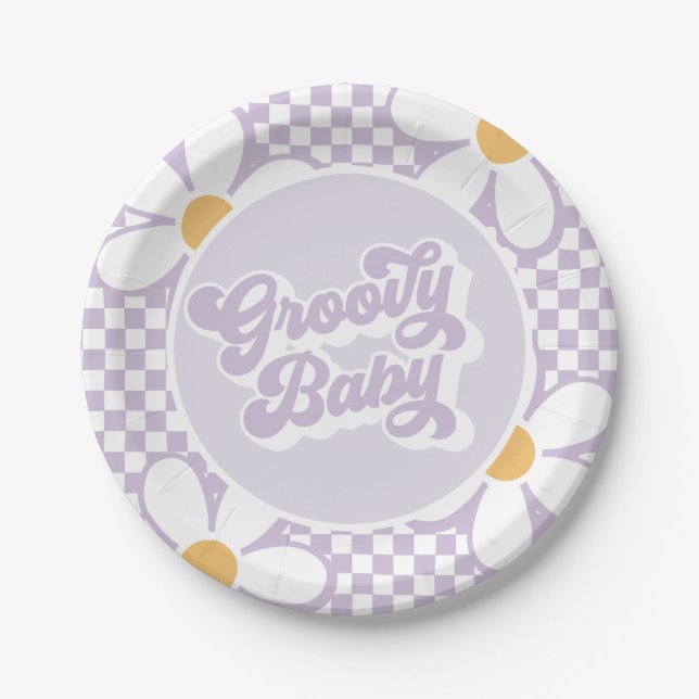 Groovy Baby Purple Daisy Checker Paper Plates (Front)