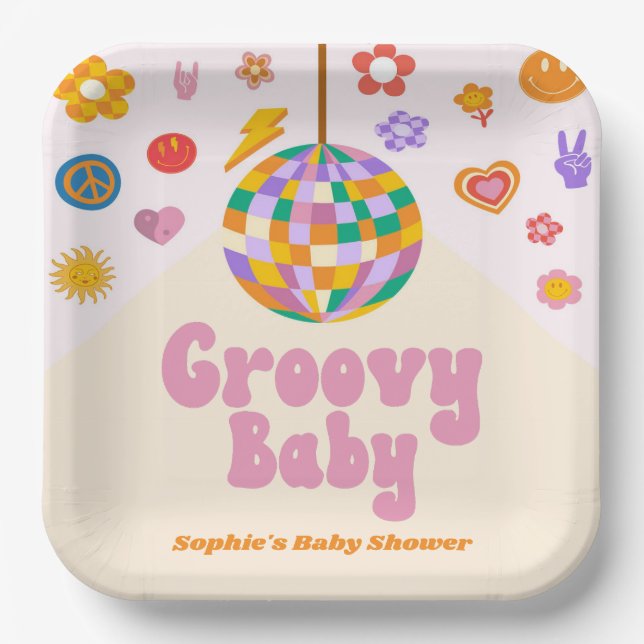 Groovy Baby Retro 70's Disco Ball Baby Shower Paper Plates (Front)