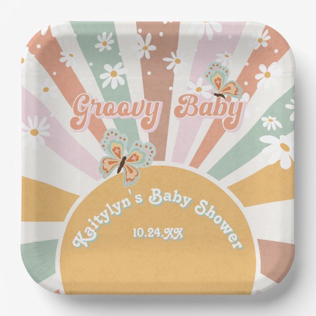 Groovy Baby Retro 70s Hippie Sunshine Daisies Paper Plates (Front)