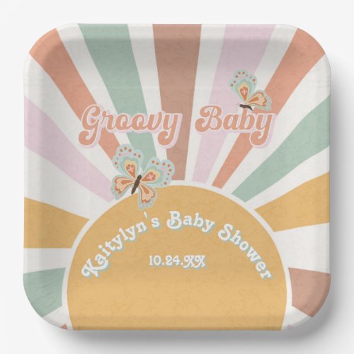 Groovy Baby Retro 70s Hippie Sunshine Pink Mustard Paper Plates