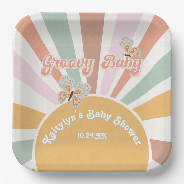 Groovy Baby Retro 70s Hippie Sunshine Pink Mustard Paper Plates (Front)