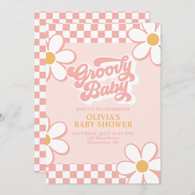 Groovy Baby Retro Check Pink Daisy Invitation (Front/Back)