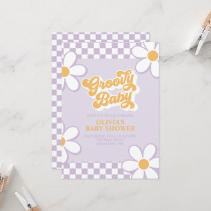 Groovy Baby Retro Check Purple Daisy Invitation