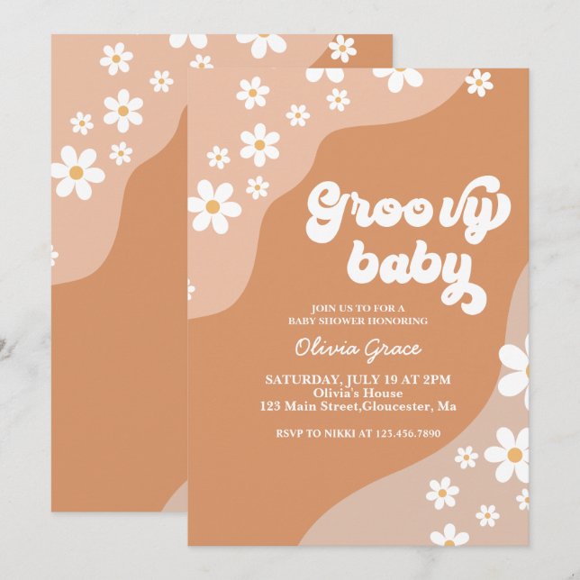 Groovy Baby Retro Daisy brown baby shower Invitation (Front/Back)