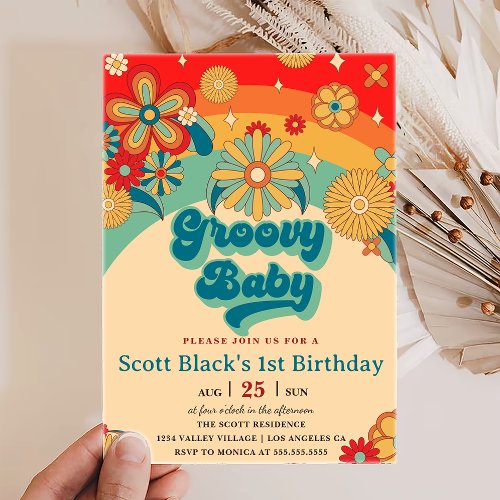 Groovy Baby Retro Floral First Birthday Invitation