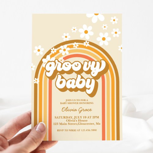 Groovy Baby Retro Rainbow Daisy Baby Shower Invitation