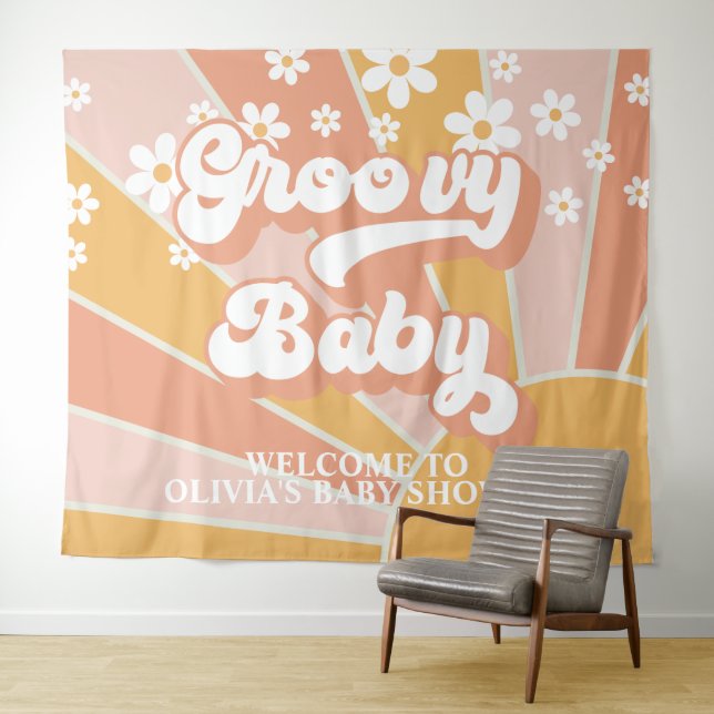 Groovy Baby Retro Sunshine Daisy Baby Shower Banne Tapestry (In Situ (Horizontal))