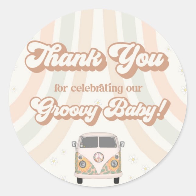 Groovy baby shower retro 70s theme favor sticker (Front)