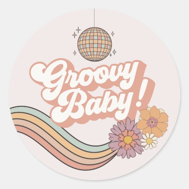 Groovy Baby Shower Retro Favor Sticker (Front)