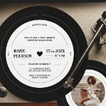 Groovy Baby Vintage Vinyl Record Baby Shower Photo Invitation<br><div class="desc">Welcome your little one into the world with our personalized vinyl record baby shower invitation. The unique, retro design of this invitation is shaped like a vinyl record and features a photo of the baby mama on the back. The invitation is easily editable so you can add all of the...</div>