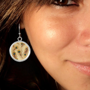Groovy Beige Peacock Feathers Drop Earrings
