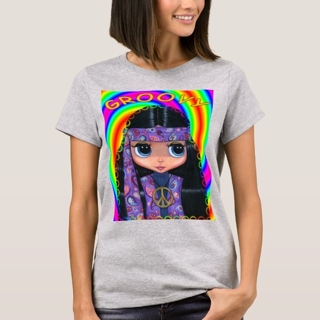 Groovy Big Eye Hippie Chick Girl Doll Cute T-Shirt (Front)