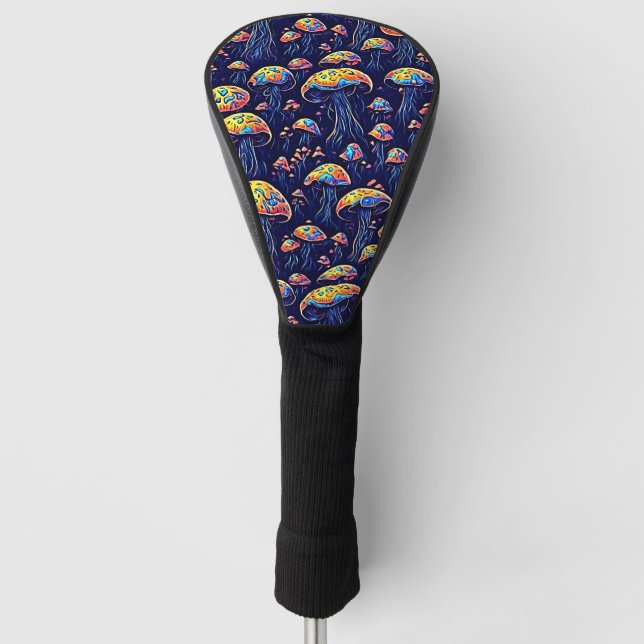 Groovy Bioluminescence Mushrooms: Retro Art Golf Head Cover (Front)