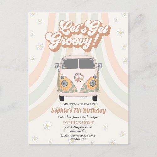 Groovy birthday party 70s retro theme invitation postcard