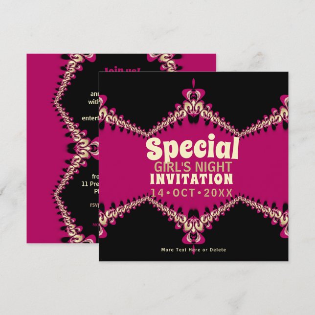 Groovy Black & Hot Pink Girls Night Party Invitation (Front/Back)