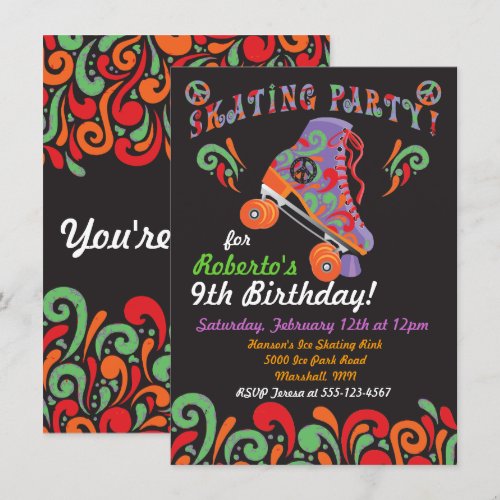 Groovy Black Roller Skating Party Invitations