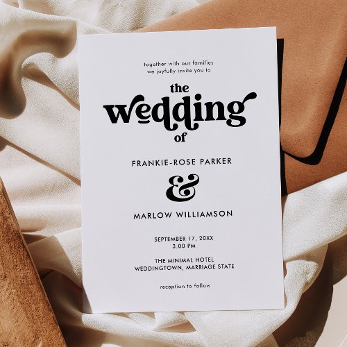Groovy Black White Retro Typography Wedding Invitation