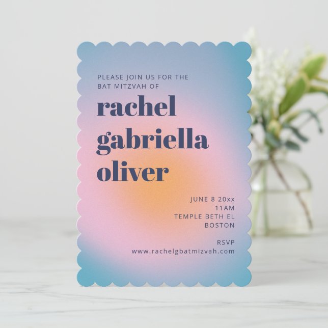 Groovy Blue Gradient Retro Photo Bat Mitzvah Invitation (Standing Front)