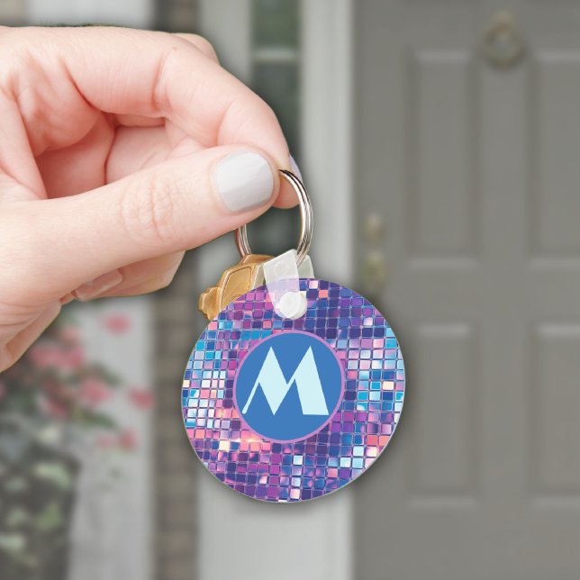 Groovy Blue & Purple Disco Ball Personalized Keychain (groovy blue and purple disco ball monogram personalized key chain)