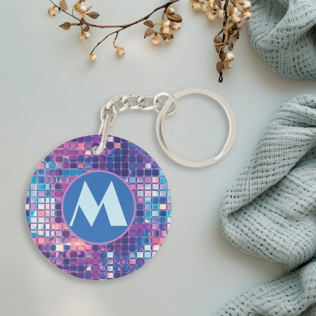 Groovy Blue & Purple Disco Ball Personalized Keychain (groovy blue and purple disco ball personalized monogram acrylic keychain)