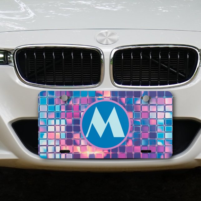 Groovy Blue & Purple Disco Ball Personalized License Plate (groovy blue and purple disco ball personalized monogram license plate)
