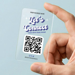 Groovy Blue Trendy Let's Connect Socials QR Code Clear Business Cards
