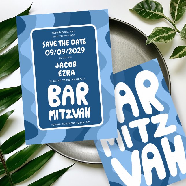 Groovy Blue Waves Custom Bat Bar Bnai Mitzvah Save The Date (Groovy Blue Waves Custom Bat Bar Bnai Mitzvah Save The Date Card)