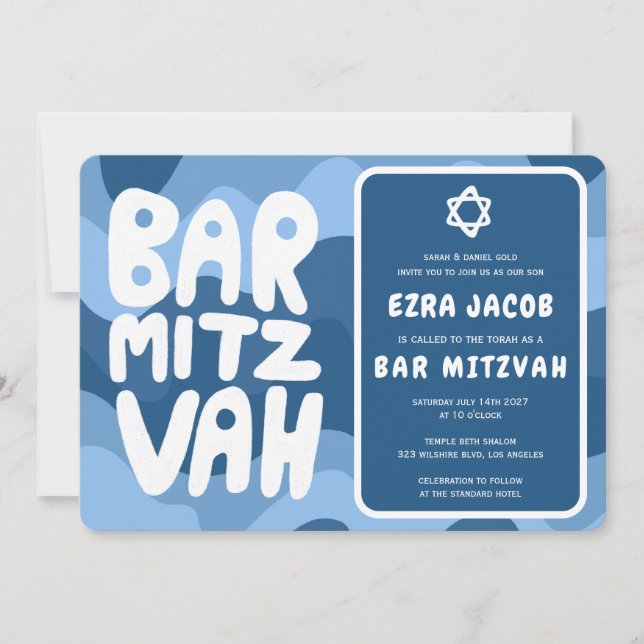 Groovy Blue Waves Star of David Custom Bar Mitzvah Invitation (Front)