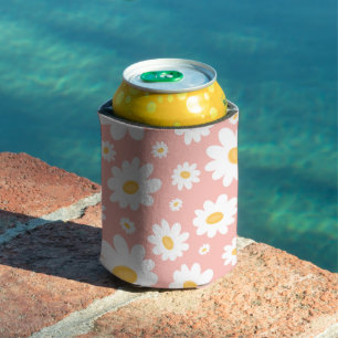 Groovy Blush Boho Daisy Floral Garden Pattern Can Cooler