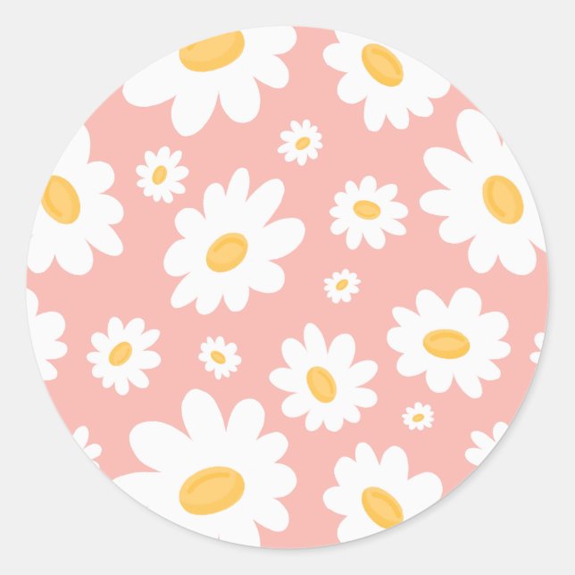 Groovy Blush Boho Daisy Floral Garden Pattern Classic Round Sticker (Front)