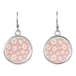 Groovy Blush Boho Daisy Floral Garden Pattern Earrings