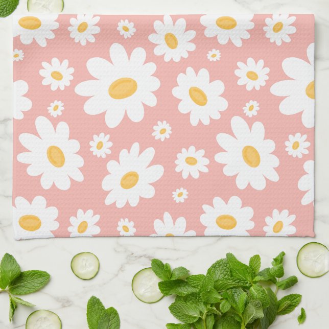 Groovy Blush Boho Daisy Floral Garden Pattern Kitchen Towel (Folded)