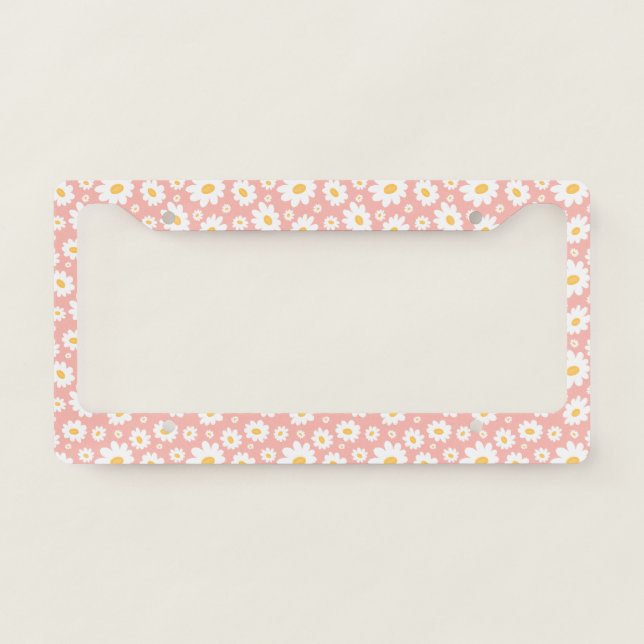 Groovy Blush Boho Daisy Floral Garden Pattern License Plate Frame (Front)