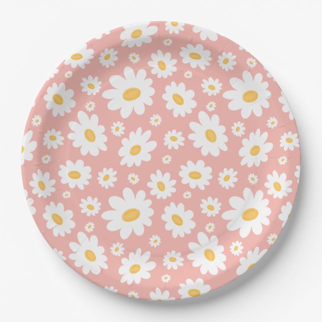 Groovy Blush Boho Daisy Floral Garden Pattern Paper Plates (Front)