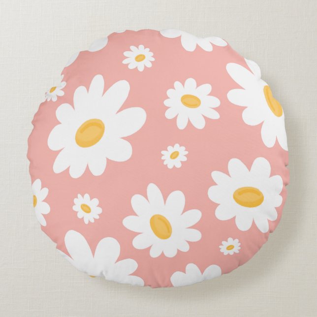 Groovy Blush Boho Daisy Floral Garden Pattern Round Pillow (Front)