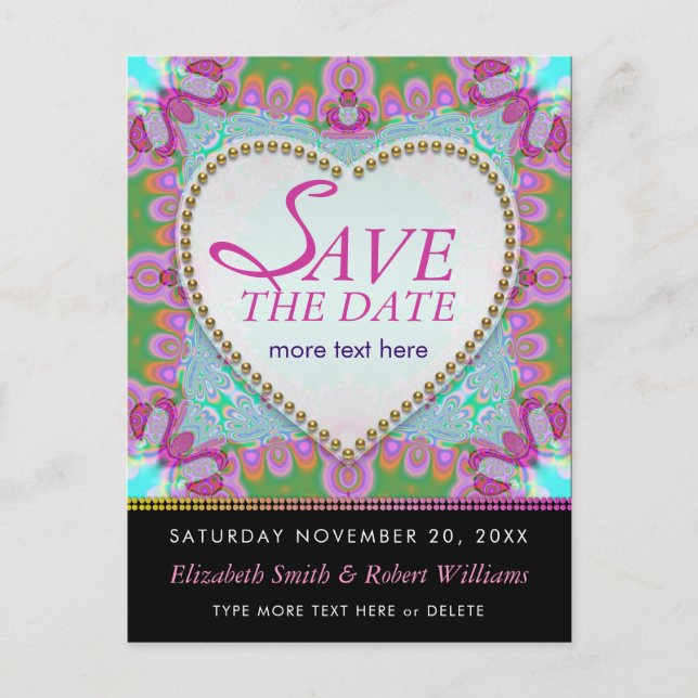 Groovy Bohemian Hippy Save the Date Black Postcard (Front)