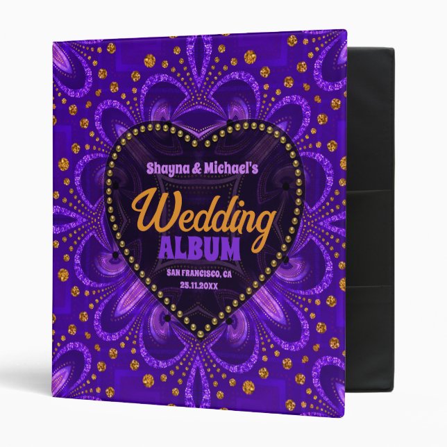 Groovy Bohemian Purple Gold Wedding Album 3 Ring Binder (Front/Inside)