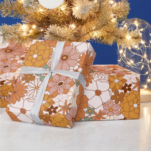 Groovy Boho 70s Flowers Pattern Wrapping Paper (Holidays)