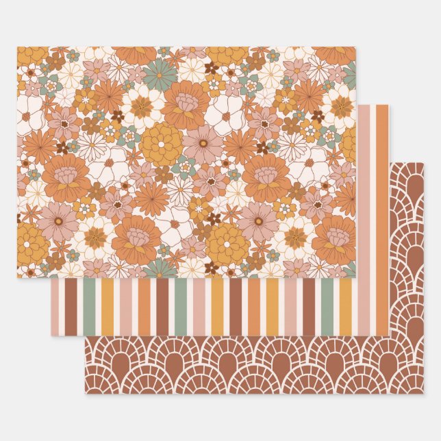 Groovy Boho 70s Flowers Pattern Wrapping Paper Sheets (Set)
