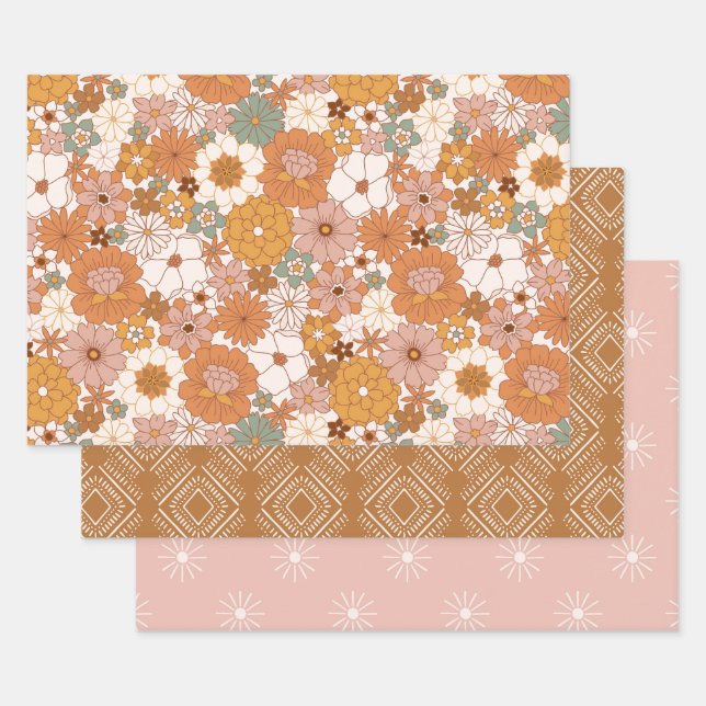 Groovy Boho 70s Flowers Pattern Wrapping Paper Sheets (Set)