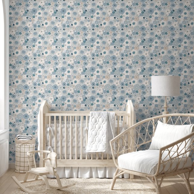 Groovy Boho Blue Floral Seamless Pattern  Wallpaper (Kids)