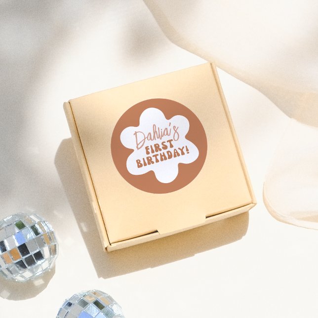 Groovy Boho Daisy Retro Girl 1st Birthday Party Classic Round Sticker (Creator Uploaded)