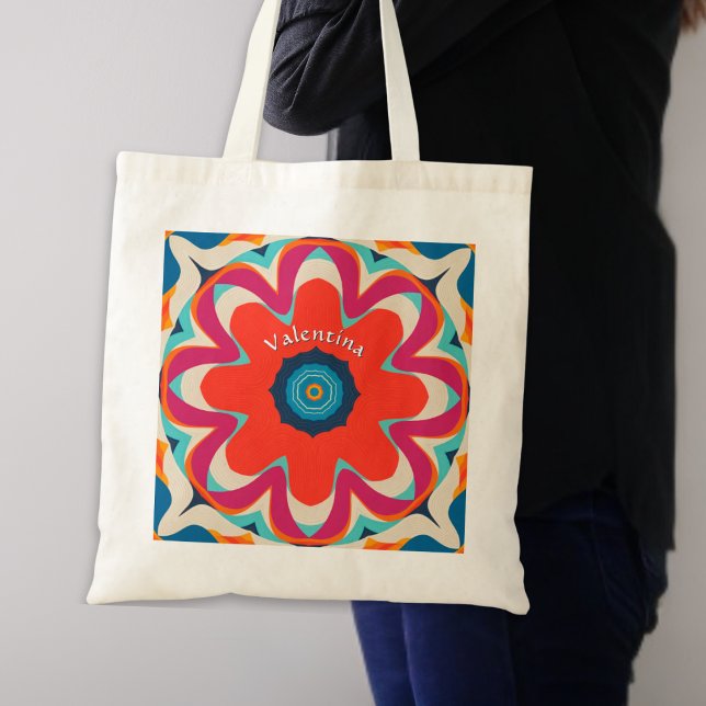 Groovy Boho Flower Colorful Personalized Tote Bag (A groovy tote bag with vibrant abstract red flower design on both sides, personalized with a name)