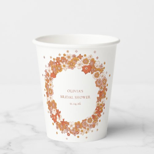 Groovy Boho Orange Floral Bridal Shower Custom  Paper Cups