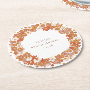 Groovy Boho Orange Floral Bridal Shower Custom Round Paper Coaster