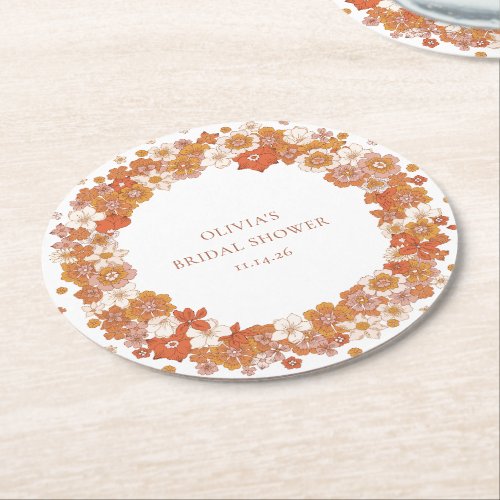 Groovy Boho Orange Floral Bridal Shower Custom  Round Paper Coaster